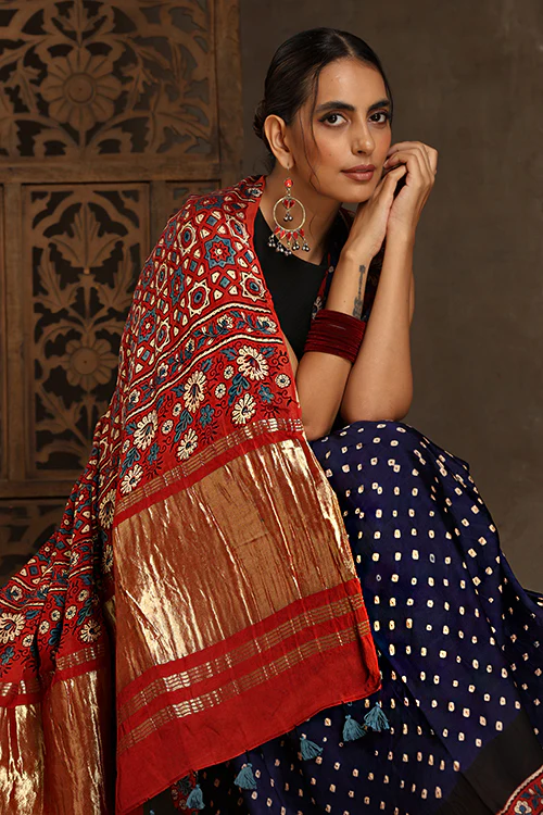 Jahangir Khatri - Red & Navy Blue Ajrakh & Bandhani Modal Tissue Pallu Saree - Image 6