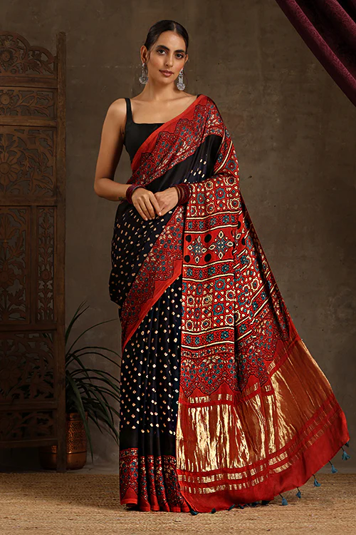 Jahangir Khatri - Red & Purple Ajrakh & Bandhani Modal Tissue Pallu Saree