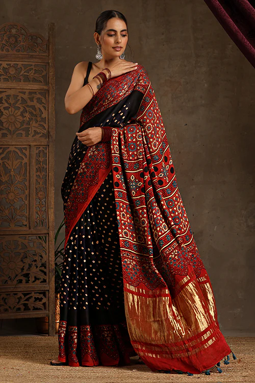 Jahangir Khatri - Red & Purple Ajrakh & Bandhani Modal Tissue Pallu Saree - Image 2