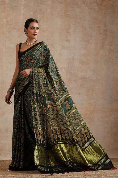 Jahangir Khatri - Green Ajrakh Modal Tissue Pallu Saree
