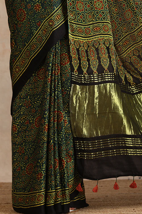 Jahangir Khatri - Green Ajrakh Modal Tissue Pallu Saree - Image 2