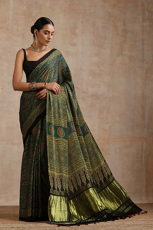 Jahangir Khatri - Green Ajrakh Modal Tissue Pallu Saree - Image 7