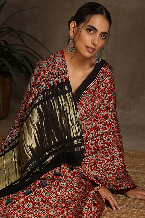 Jahangir Khatri - Red Ajrakh Modal Tissue Pallu Saree - Image 4