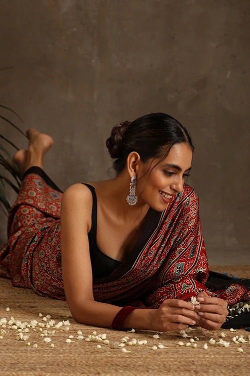 Jahangir Khatri - Red Ajrakh Modal Tissue Pallu Saree - Image 5