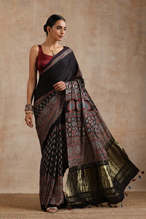 Jahangir Khatri - Black Ajrakh Modal Tissue Pallu Saree