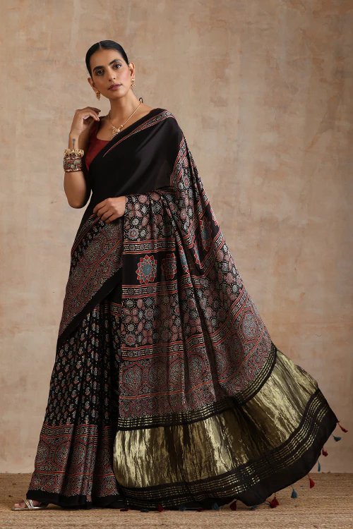 Jahangir Khatri - Black Ajrakh Modal Tissue Pallu Saree - Image 2
