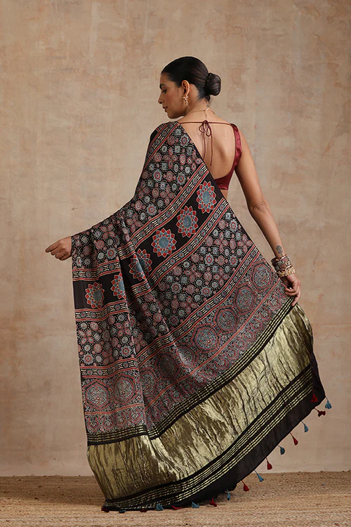 Jahangir Khatri - Black Ajrakh Modal Tissue Pallu Saree - Image 3