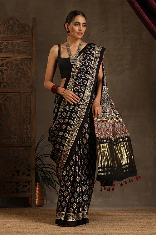 Jahangir Khatri - Black Ajrakh Modal Tissue Pallu Saree - Image 2