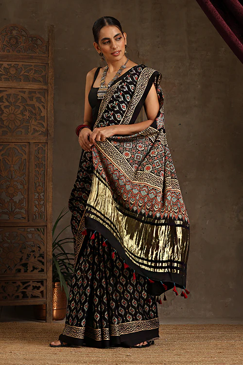 Jahangir Khatri - Black Ajrakh Modal Tissue Pallu Saree - Image 3