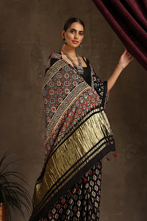 Jahangir Khatri - Black Ajrakh Modal Tissue Pallu Saree - Image 4