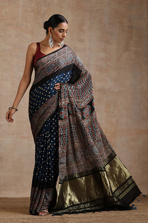 Jahangir Khatri - Black & Prussian Blue Ajrakh & Bandhani Modal Tissue Pallu Saree