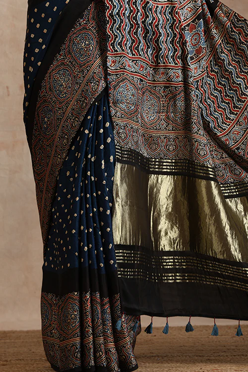 Jahangir Khatri - Black & Prussian Blue Ajrakh & Bandhani Modal Tissue Pallu Saree - Image 2