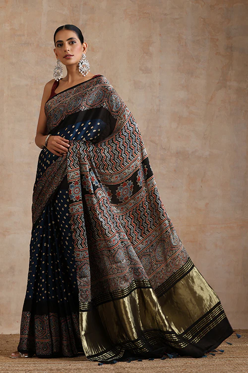 Jahangir Khatri - Black & Prussian Blue Ajrakh & Bandhani Modal Tissue Pallu Saree - Image 6