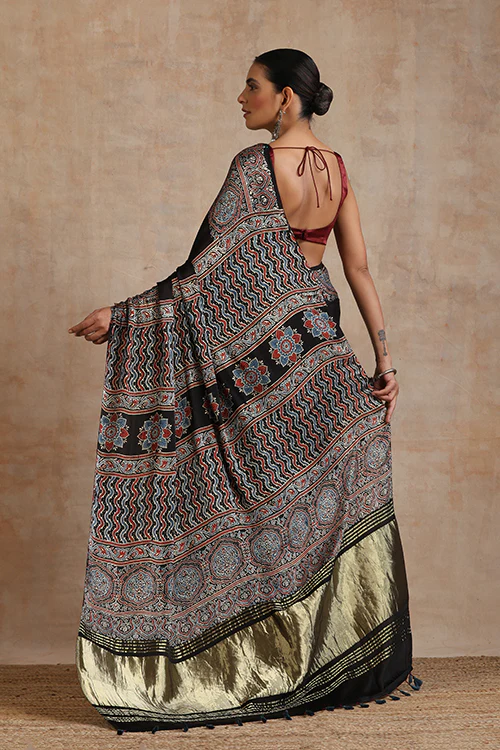 Jahangir Khatri - Black & Prussian Blue Ajrakh & Bandhani Modal Tissue Pallu Saree - Image 7