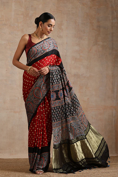 Jahangir Khatri - Black & Red Ajrakh & Bandhani Modal Tissue Pallu Saree