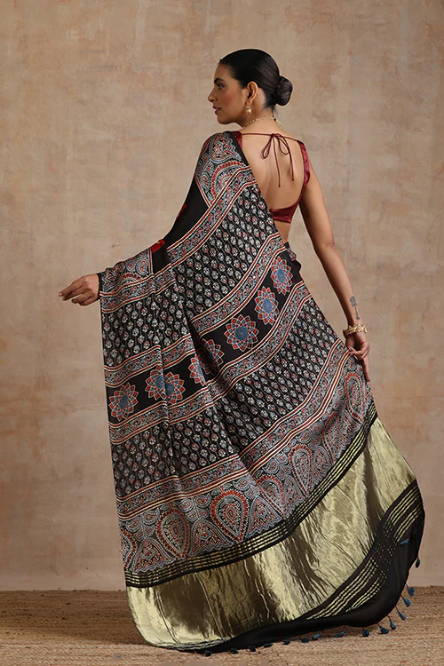 Jahangir Khatri - Black & Red Ajrakh & Bandhani Modal Tissue Pallu Saree - Image 3