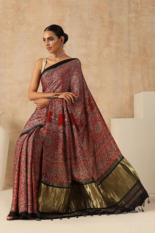 Jahangir Khatri - Red Ajrakh Modal Tissue Pallu Saree