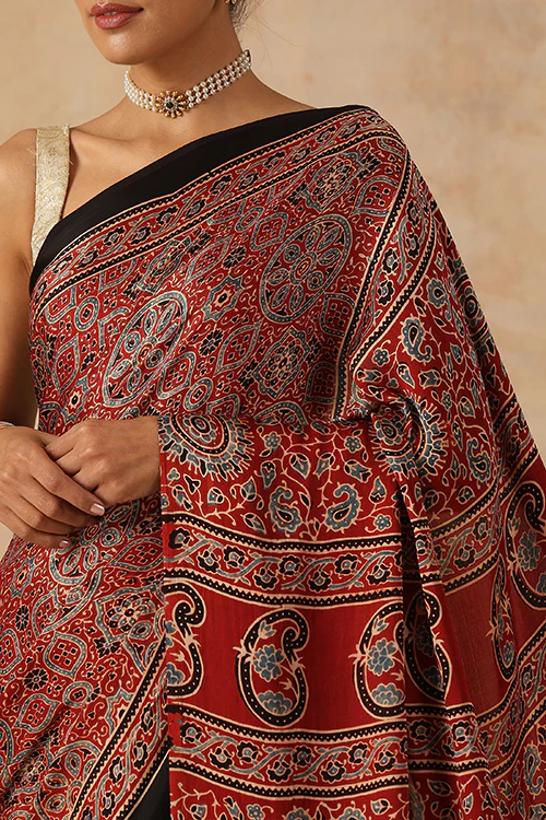 Jahangir Khatri - Red Ajrakh Modal Tissue Pallu Saree - Image 2