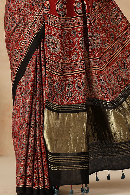 Jahangir Khatri - Red Ajrakh Modal Tissue Pallu Saree - Image 3
