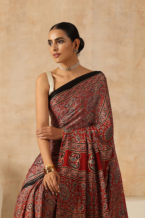 Jahangir Khatri - Red Ajrakh Modal Tissue Pallu Saree - Image 4