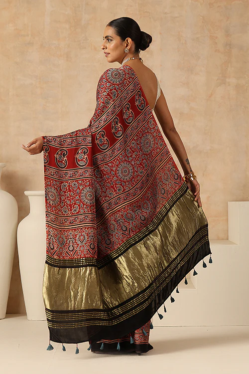 Jahangir Khatri - Red Ajrakh Modal Tissue Pallu Saree - Image 5