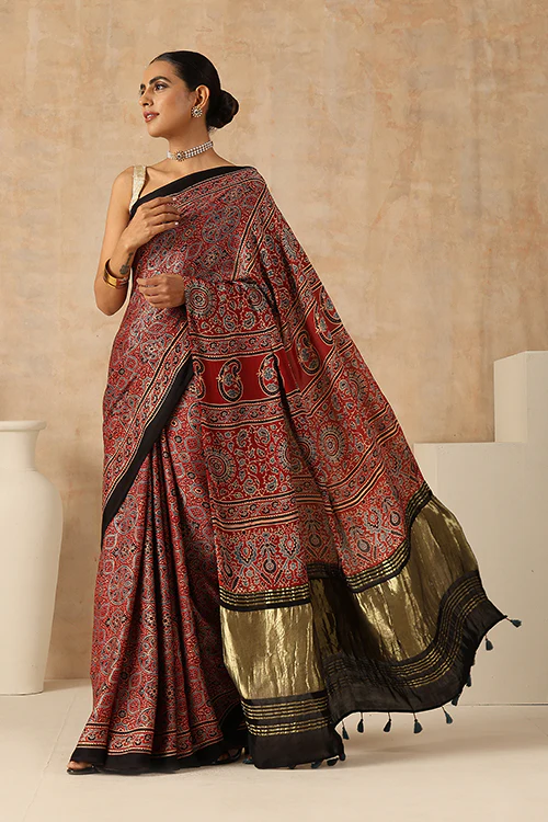 Jahangir Khatri - Red Ajrakh Modal Tissue Pallu Saree - Image 6