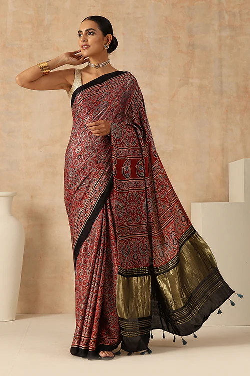 Jahangir Khatri - Red Ajrakh Modal Tissue Pallu Saree - Image 7