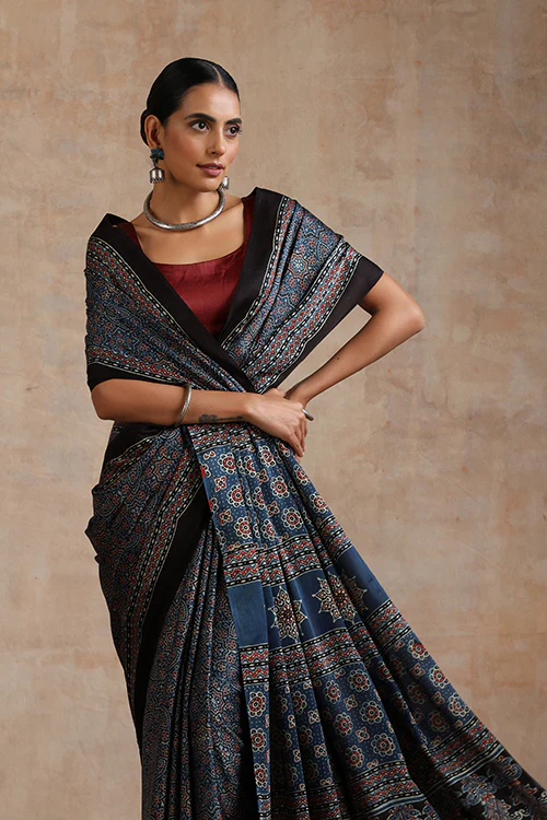 Jahangir Khatri - Indigo Blue Ajrakh Modal Saree - Image 4