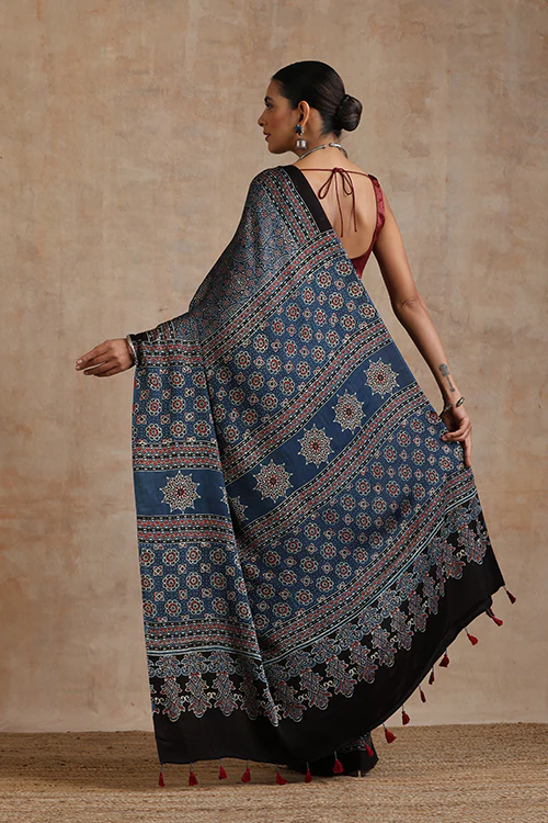 Jahangir Khatri - Indigo Blue Ajrakh Modal Saree - Image 7