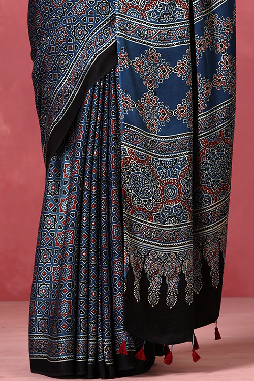 Jahangir Khatri - Indigo Blue Ajrakh Modal Saree - Image 3