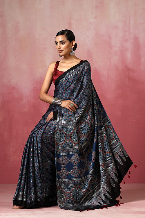 Jahangir Khatri - Indigo Blue Ajrakh Modal Saree - Image 4