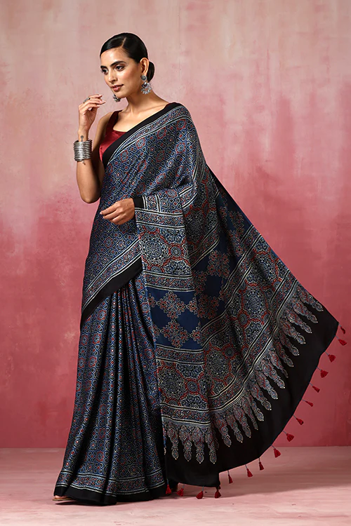 Jahangir Khatri - Indigo Blue Ajrakh Modal Saree - Image 6
