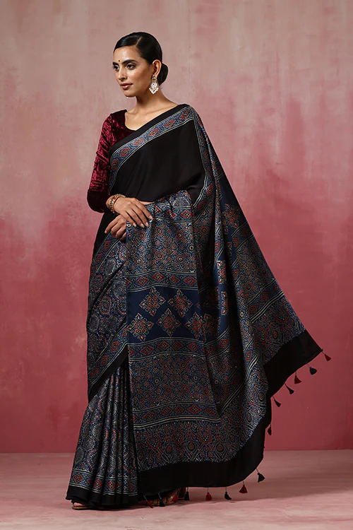 Jahangir Khatri - Indigo Blue Ajrakh Modal Saree - Image 3