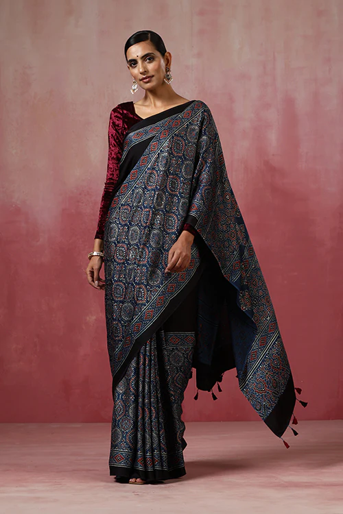 Jahangir Khatri - Indigo Blue Ajrakh Modal Saree - Image 6