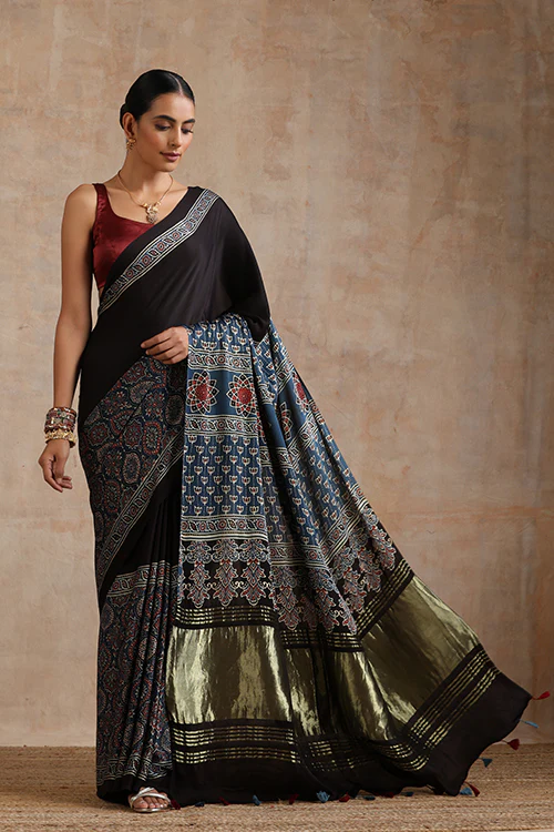 Jahangir Khatri - Indigo Blue Ajrakh Modal Tissue Pallu Saree - Image 7