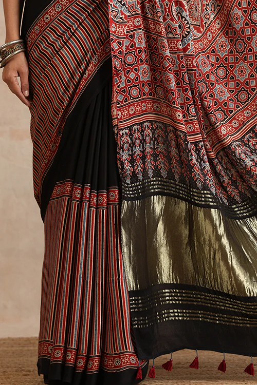 Jahangir Khatri - Red Ajrakh Modal Tissue Pallu Saree - Image 2