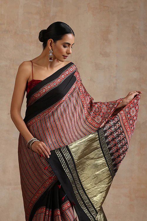 Jahangir Khatri - Red Ajrakh Modal Tissue Pallu Saree - Image 3