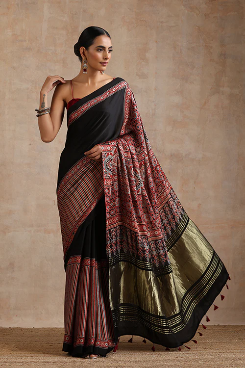 Jahangir Khatri - Red Ajrakh Modal Tissue Pallu Saree - Image 5