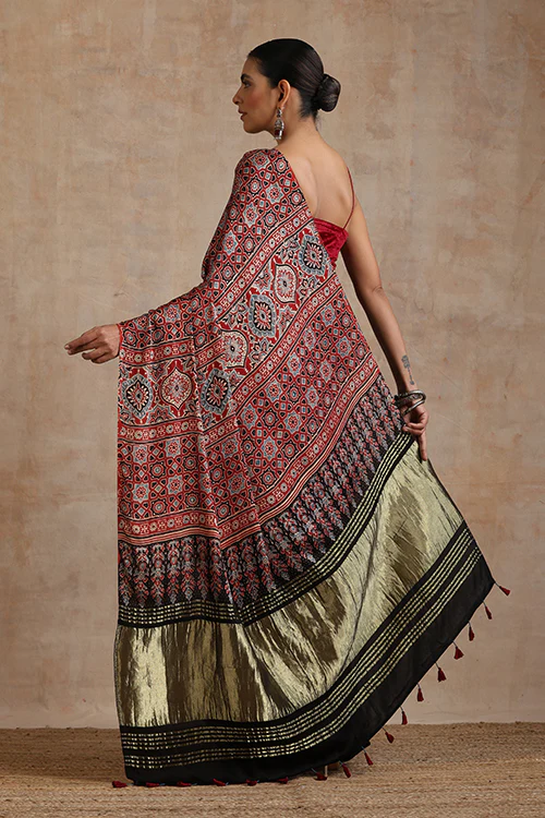 Jahangir Khatri - Red Ajrakh Modal Tissue Pallu Saree - Image 6