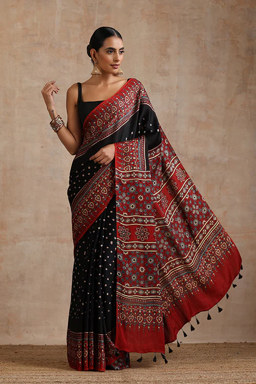 Jahangir Khatri - Red & Black Ajrakh & Bandhani Modal Saree