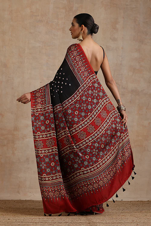 Jahangir Khatri - Red & Black Ajrakh & Bandhani Modal Saree - Image 3
