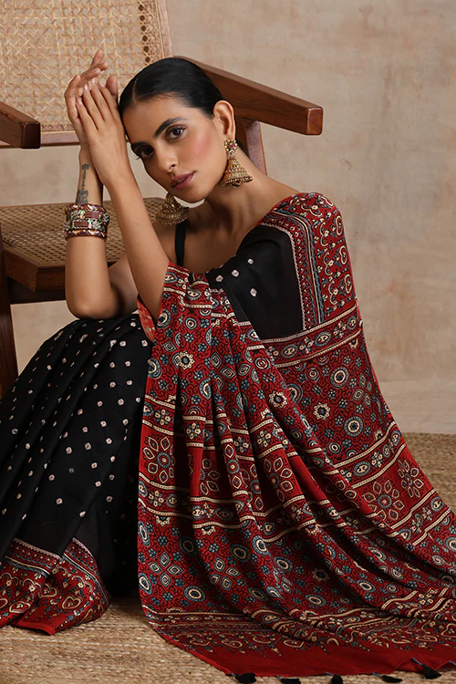 Jahangir Khatri - Red & Black Ajrakh & Bandhani Modal Saree - Image 4