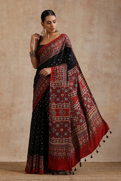 Jahangir Khatri - Red & Black Ajrakh & Bandhani Modal Saree - Image 7