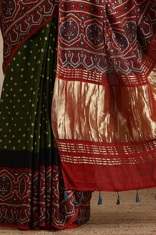 Jahangir Khatri - Red & Green Ajrakh & Bandhani Modal Tissue Pallu Saree - Image 2