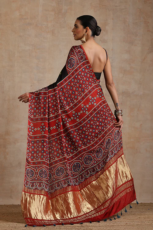 Jahangir Khatri - Red & Green Ajrakh & Bandhani Modal Tissue Pallu Saree - Image 3
