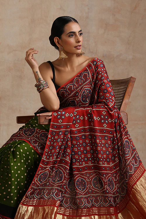 Jahangir Khatri - Red & Green Ajrakh & Bandhani Modal Tissue Pallu Saree - Image 4