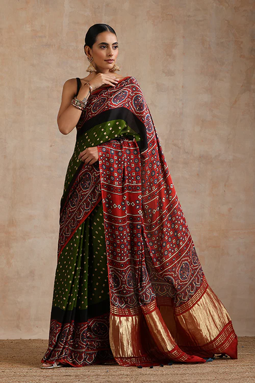 Jahangir Khatri - Red & Green Ajrakh & Bandhani Modal Tissue Pallu Saree - Image 6