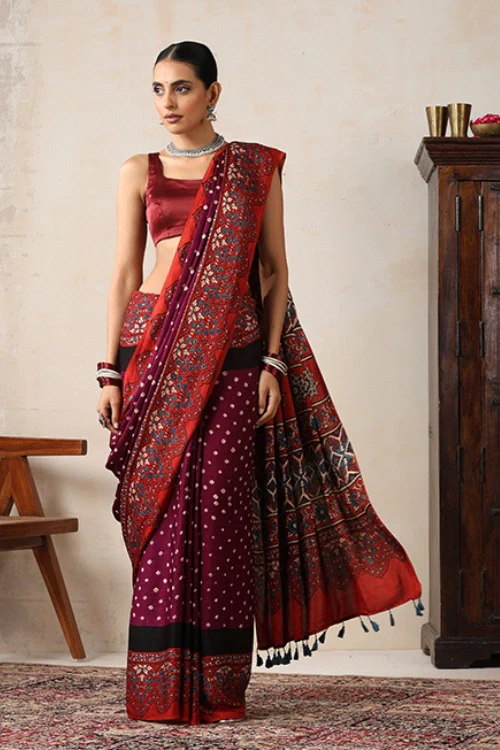 Jahangir Khatri - Red & Magenta Ajrakh & Bandhani Modal Saree