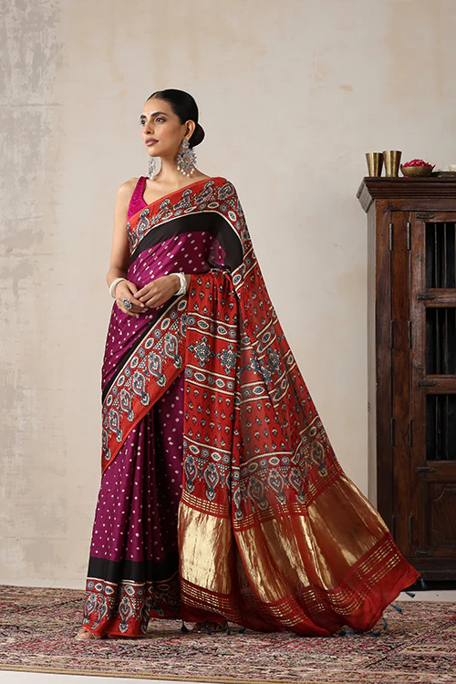 Jahangir Khatri - Red & Magenta Ajrakh & Bandhani Modal Tissue Pallu Saree - Image 4