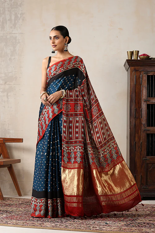 Jahangir Khatri - Red & Prussian Blue Ajrakh & Bandhani Modal Tissue Pallu Saree